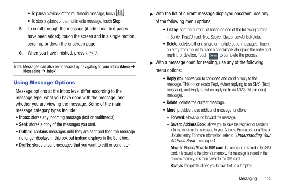 Using message options | Samsung GH46-00842A User Manual | Page 117 / 226
