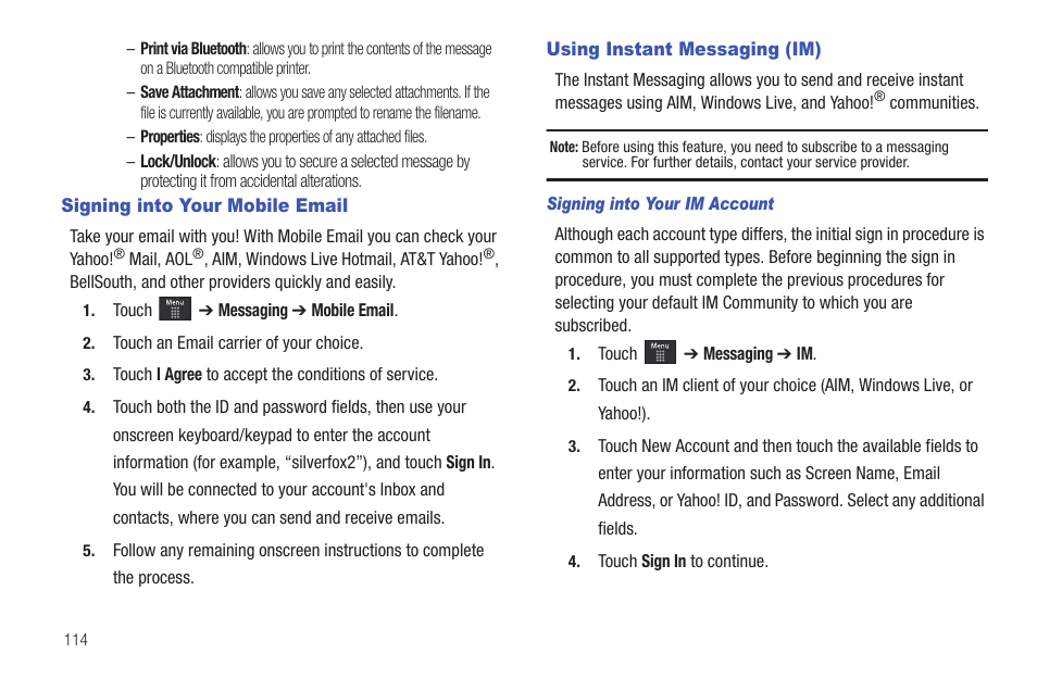 Signing into your mobile email, Using instant messaging (im) | Samsung GH46-00842A User Manual | Page 118 / 226