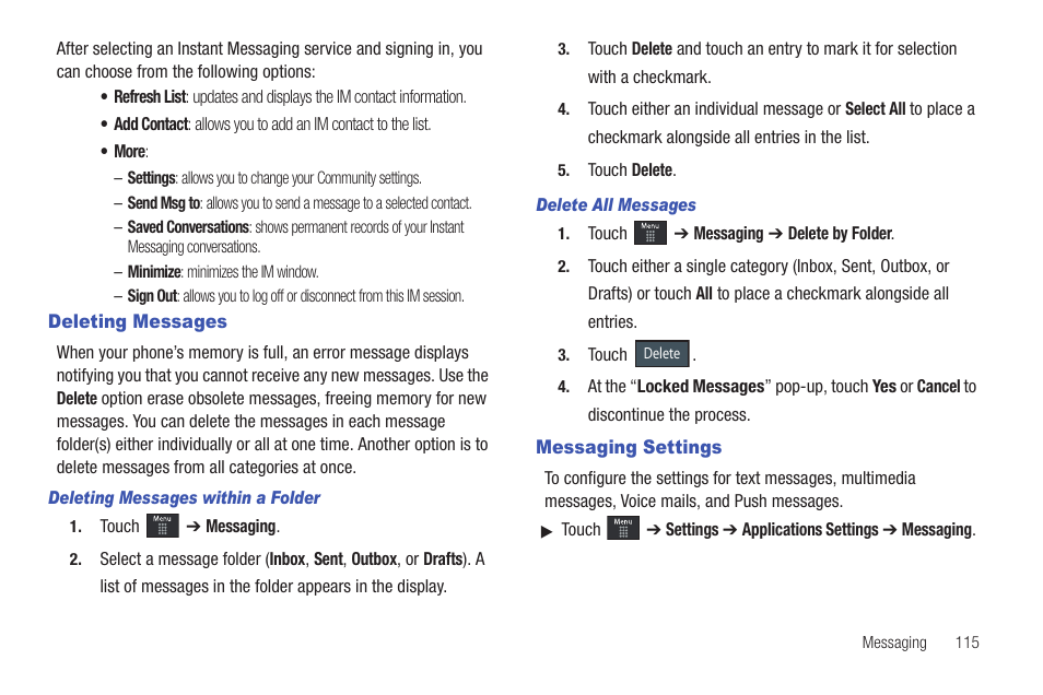 Deleting messages, Messaging settings, Deleting messages messaging settings | Samsung GH46-00842A User Manual | Page 119 / 226