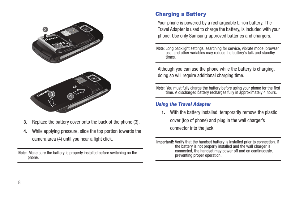 Charging a battery | Samsung GH46-00842A User Manual | Page 12 / 226