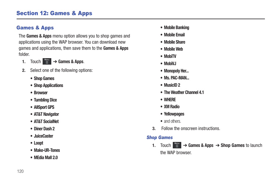 Section 12: games & apps, Games & apps | Samsung GH46-00842A User Manual | Page 124 / 226