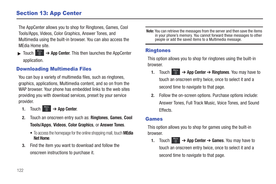 Section 13: app center, Downloading multimedia files, Ringtones | Games, Ringtones games | Samsung GH46-00842A User Manual | Page 126 / 226