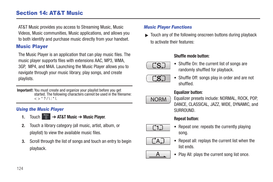 Section 14: at&t music, Music player, Norm | Samsung GH46-00842A User Manual | Page 128 / 226