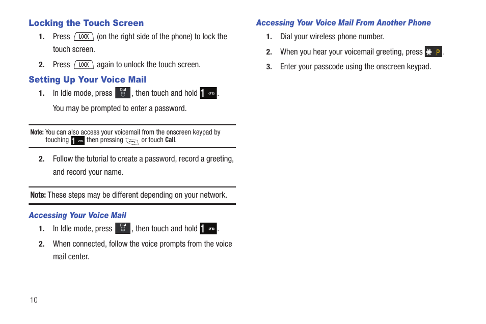 Locking the touch screen, Setting up your voice mail | Samsung GH46-00842A User Manual | Page 14 / 226