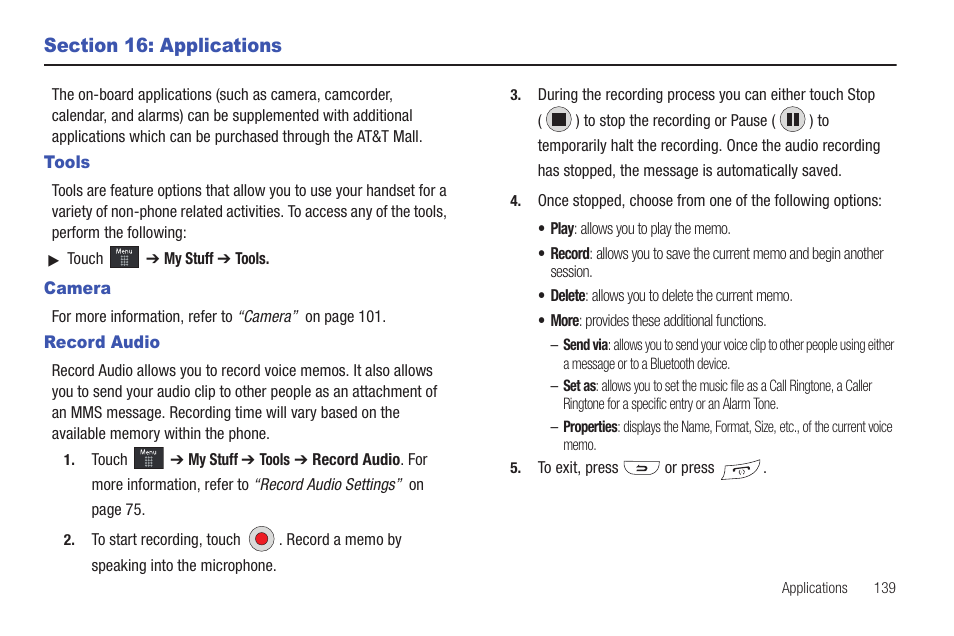 Section 16: applications, Tools, Camera | Record audio, Tools camera record audio | Samsung GH46-00842A User Manual | Page 143 / 226