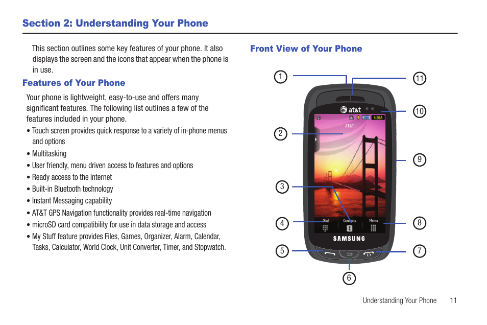 Section 2: understanding your phone, Features of your phone, Front view of your phone | Features of your phone front view of your phone | Samsung GH46-00842A User Manual | Page 15 / 226