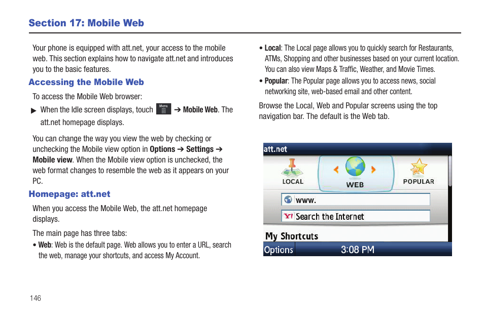 Section 17: mobile web, Accessing the mobile web | Samsung GH46-00842A User Manual | Page 150 / 226