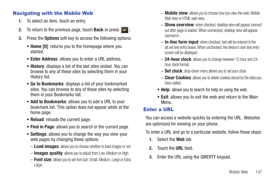 Navigating with the mobile web, Enter a url, Navigating with the mobile web enter a url | Samsung GH46-00842A User Manual | Page 151 / 226