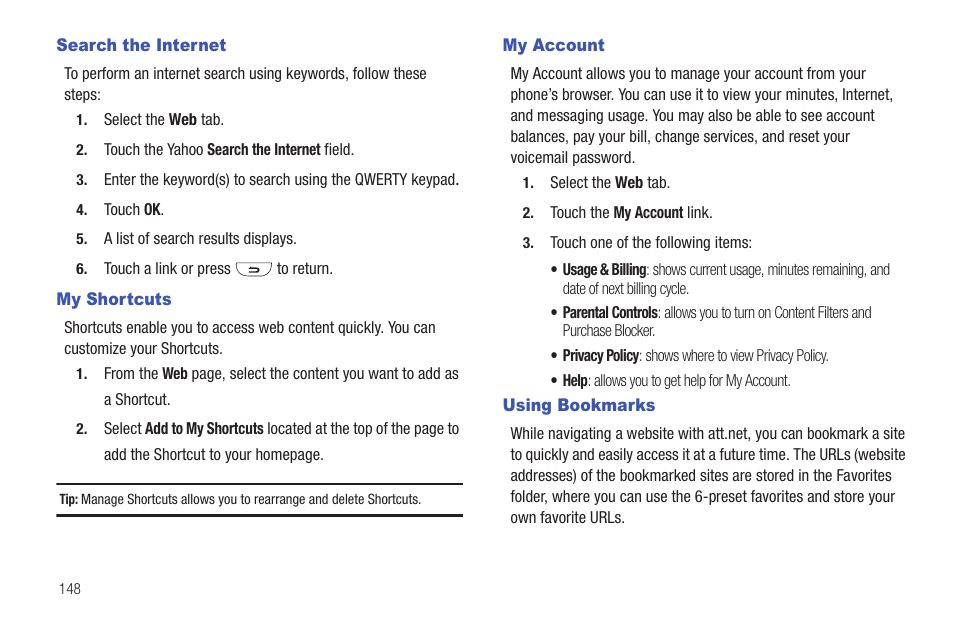 Search the internet, My shortcuts, My account | Using bookmarks | Samsung GH46-00842A User Manual | Page 152 / 226