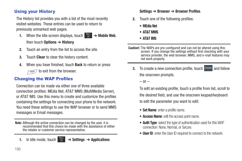 Using your history, Changing the wap profiles, Using your history changing the wap profiles | Samsung GH46-00842A User Manual | Page 154 / 226