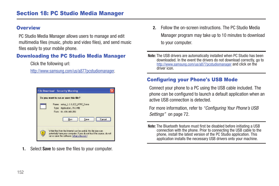 Section 18: pc studio media manager, Overview, Downloading the pc studio media manager | Configuring your phone's usb mode | Samsung GH46-00842A User Manual | Page 156 / 226