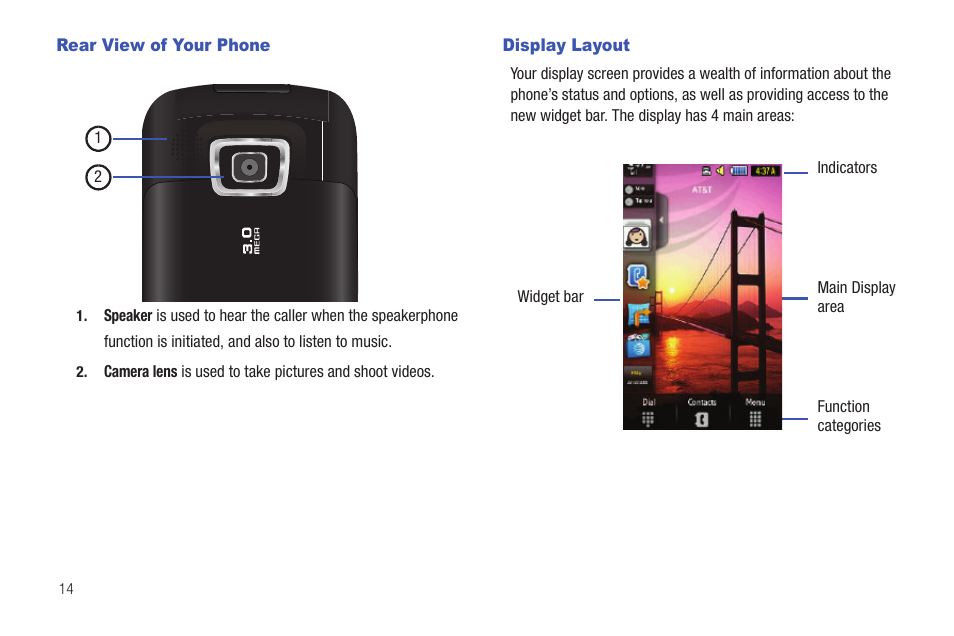 Rear view of your phone, Display layout, Rear view of your phone display layout | Samsung GH46-00842A User Manual | Page 18 / 226