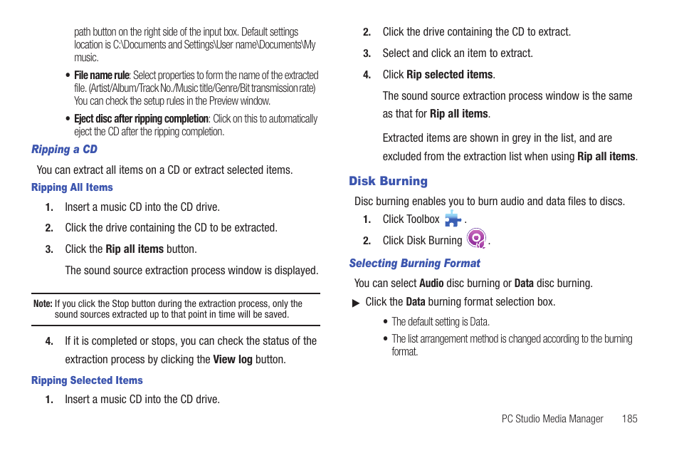 Disk burning, For more information, refer to “disk burning” on | Samsung GH46-00842A User Manual | Page 189 / 226