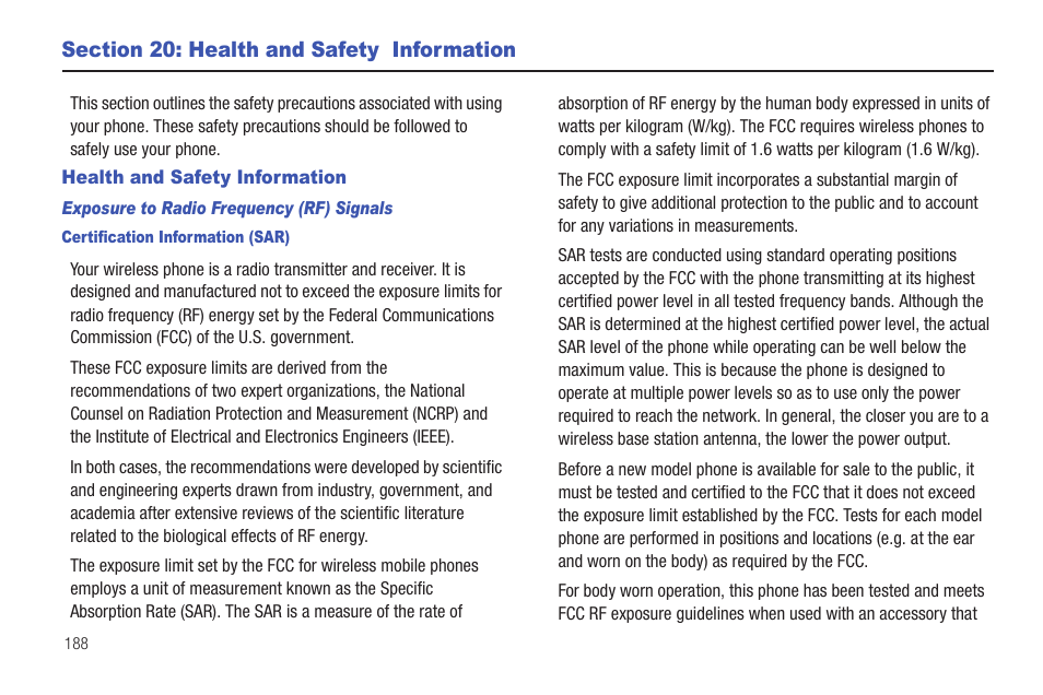 Section 20: health and safety information, Health and safety information | Samsung GH46-00842A User Manual | Page 192 / 226