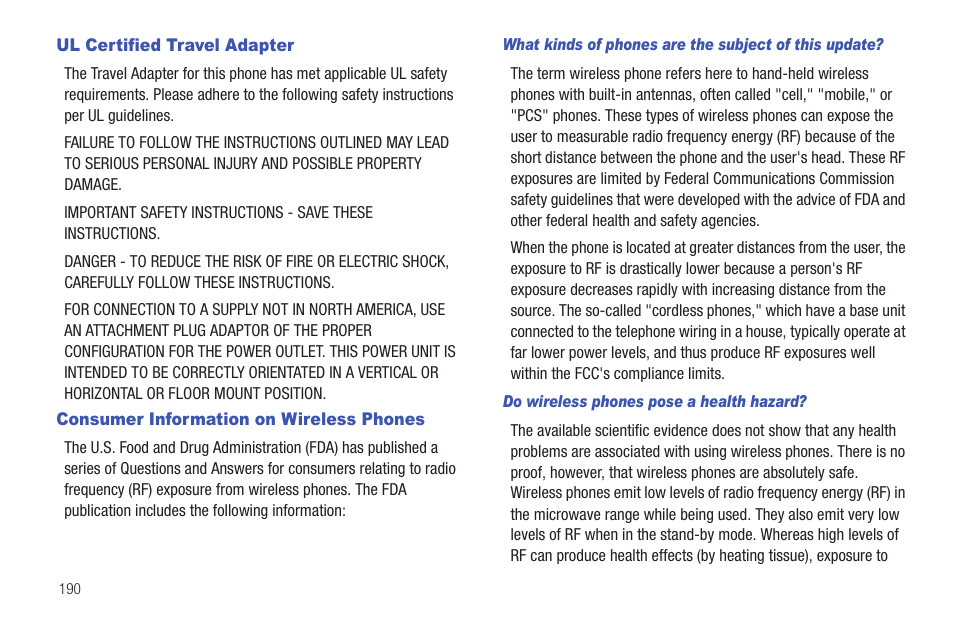 Ul certified travel adapter, Consumer information on wireless phones | Samsung GH46-00842A User Manual | Page 194 / 226