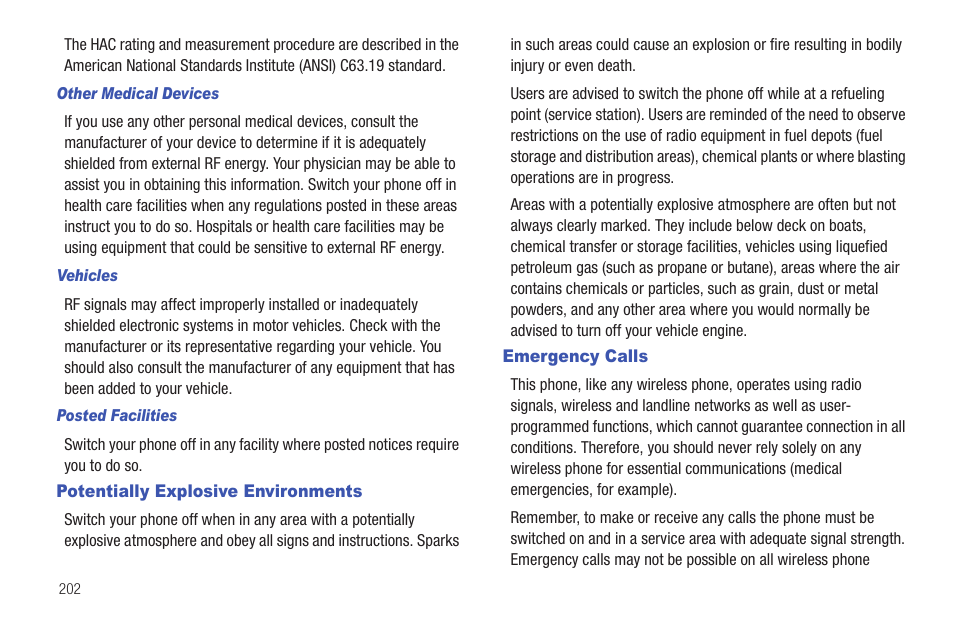 Potentially explosive environments, Emergency calls, Potentially explosive environments emergency calls | Samsung GH46-00842A User Manual | Page 206 / 226