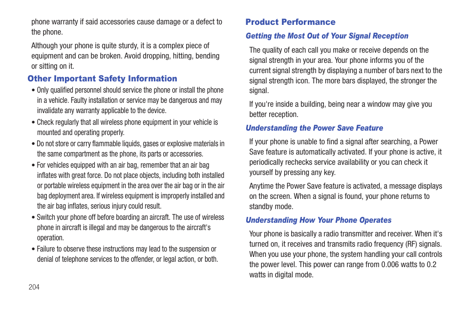 Other important safety information, Product performance | Samsung GH46-00842A User Manual | Page 208 / 226