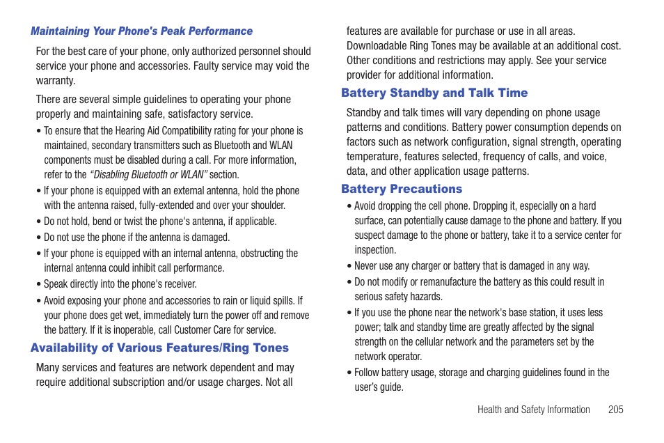 Availability of various features/ring tones, Battery standby and talk time, Battery precautions | Samsung GH46-00842A User Manual | Page 209 / 226