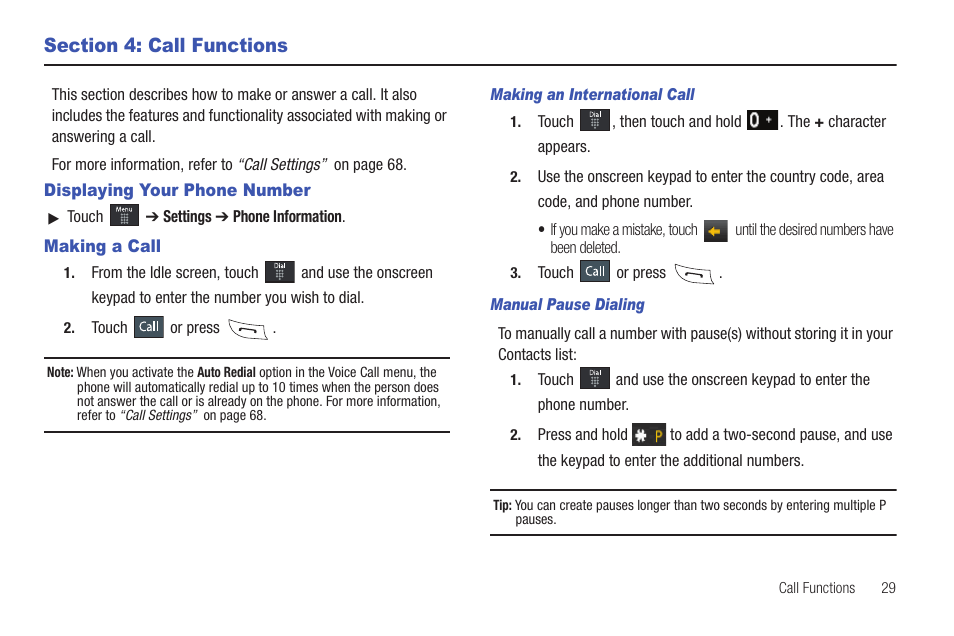 Section 4: call functions, Displaying your phone number, Making a call | Displaying your phone number making a call | Samsung GH46-00842A User Manual | Page 33 / 226