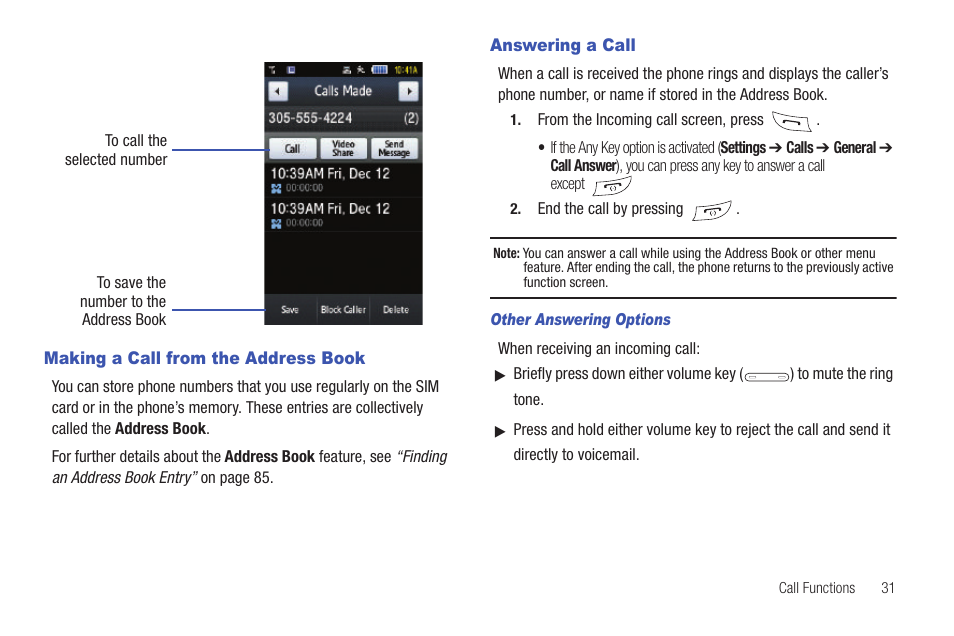 Making a call from the address book, Answering a call | Samsung GH46-00842A User Manual | Page 35 / 226