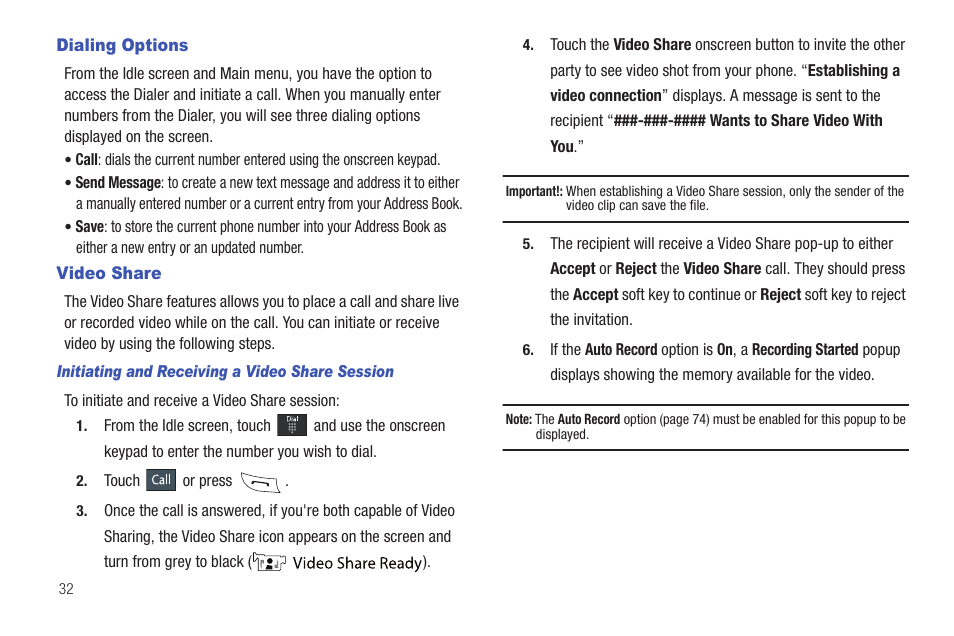 Dialing options, Video share | Samsung GH46-00842A User Manual | Page 36 / 226