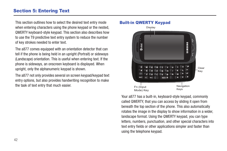 Section 5: entering text, Built-in qwerty keypad | Samsung GH46-00842A User Manual | Page 46 / 226