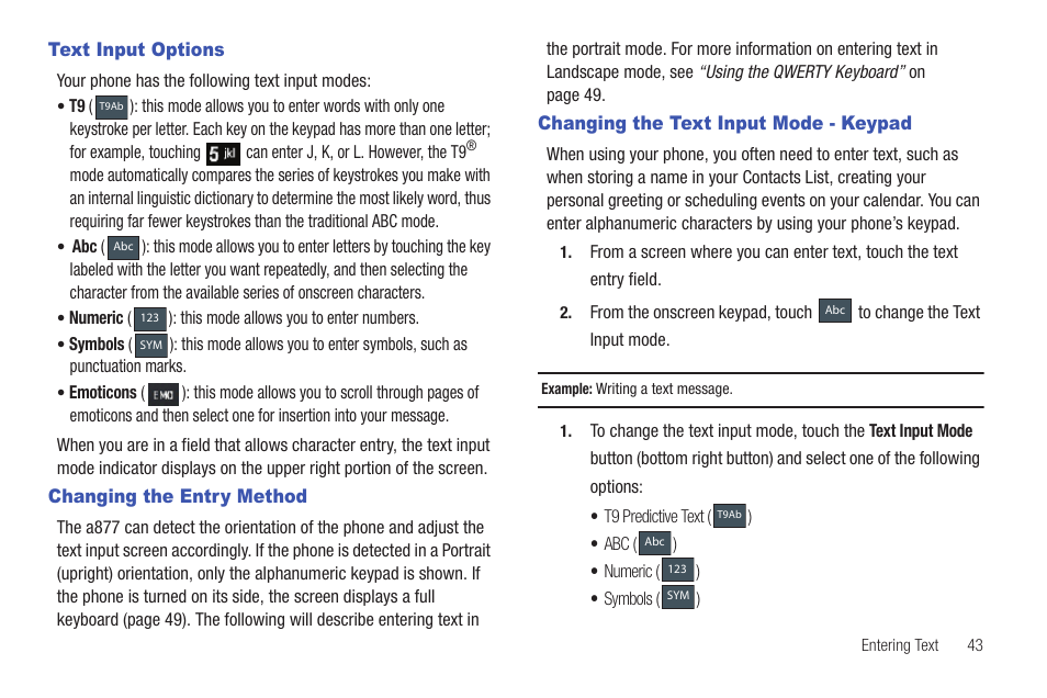 Text input options, Changing the entry method, Changing the text input mode - keypad | Samsung GH46-00842A User Manual | Page 47 / 226