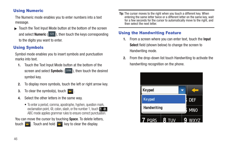 Using numeric, Using symbols, Using the handwriting feature | Samsung GH46-00842A User Manual | Page 50 / 226