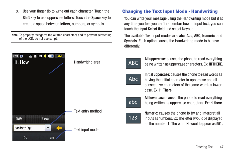 Changing the text input mode - handwriting, Abc abc abc 123 | Samsung GH46-00842A User Manual | Page 51 / 226