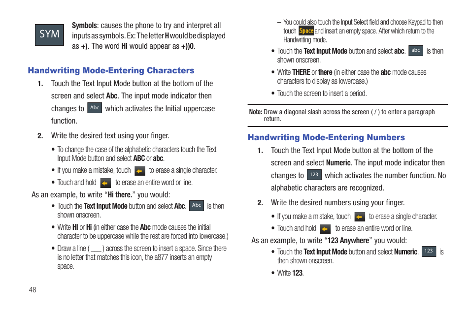 Handwriting mode-entering characters, Handwriting mode-entering numbers | Samsung GH46-00842A User Manual | Page 52 / 226