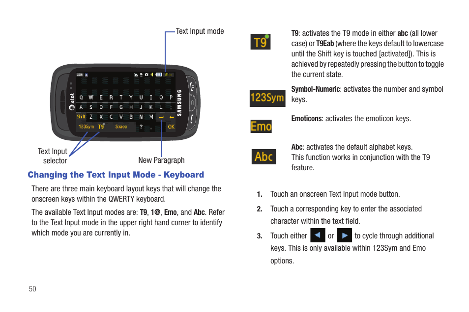 Changing the text input mode - keyboard | Samsung GH46-00842A User Manual | Page 54 / 226