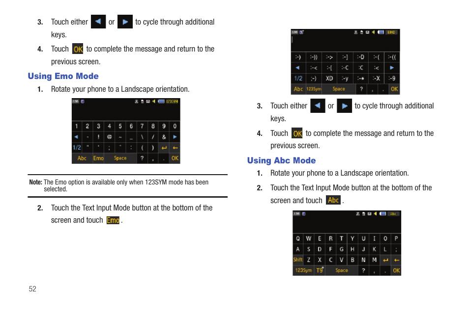 Using emo mode, Using abc mode | Samsung GH46-00842A User Manual | Page 56 / 226