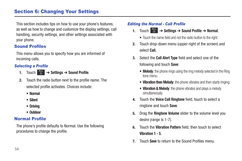 Section 6: changing your settings, Sound profiles, Normal profile | Sound profiles normal profile | Samsung GH46-00842A User Manual | Page 58 / 226