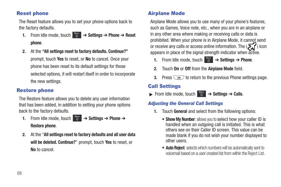 Reset phone, Restore phone, Airplane mode | Call settings | Samsung GH46-00842A User Manual | Page 72 / 226