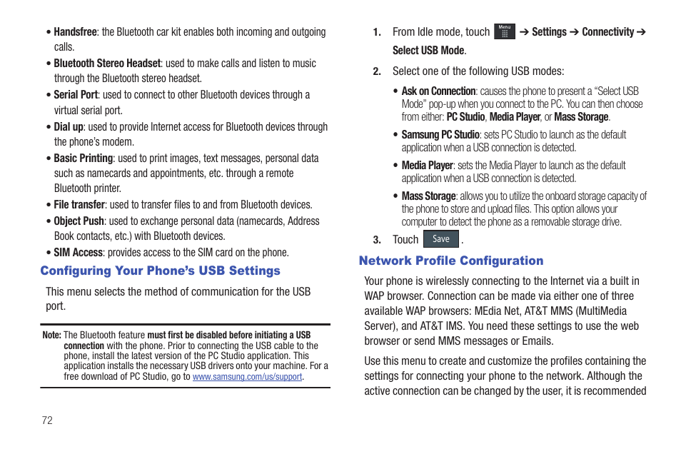 Configuring your phone’s usb settings, Network profile configuration | Samsung GH46-00842A User Manual | Page 76 / 226