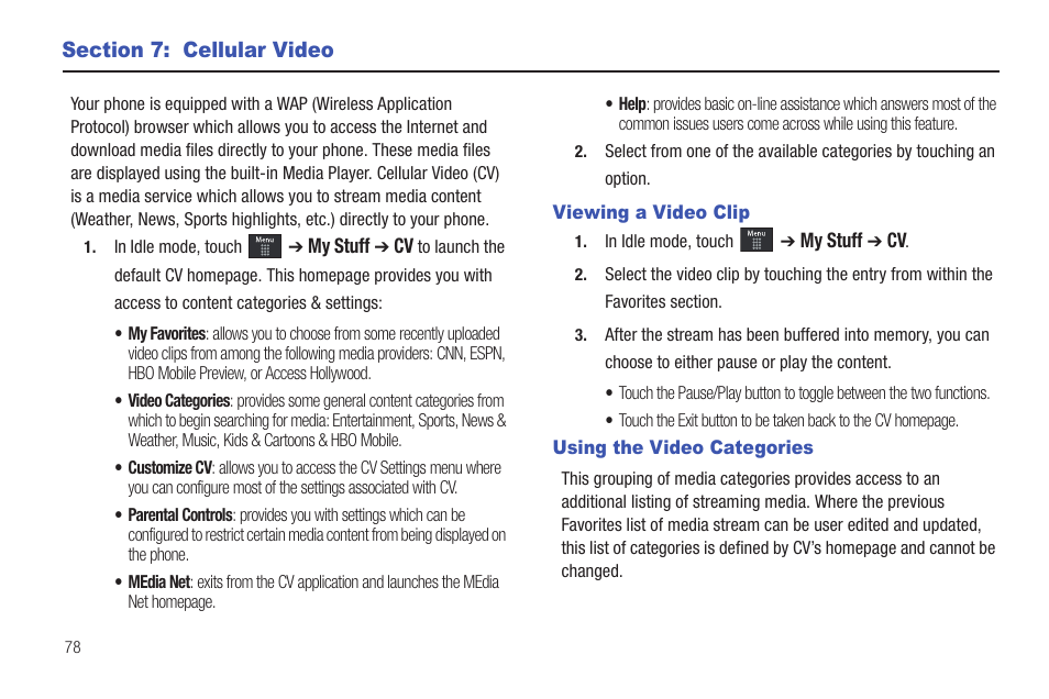 Section 7: cellular video, Viewing a video clip, Using the video categories | Viewing a video clip using the video categories | Samsung GH46-00842A User Manual | Page 82 / 226