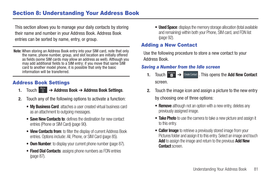 Section 8: understanding your address book, Address book settings, Adding a new contact | Address book settings adding a new contact | Samsung GH46-00842A User Manual | Page 85 / 226
