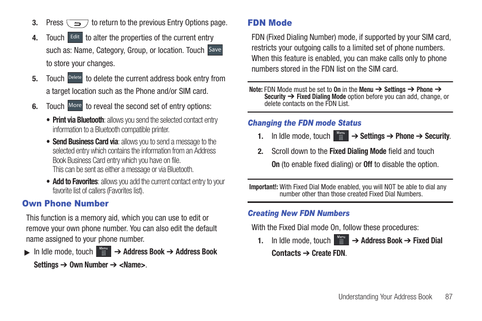 Own phone number, Fdn mode, Own phone number fdn mode | Samsung GH46-00842A User Manual | Page 91 / 226