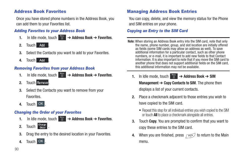 Address book favorites, Managing address book entries | Samsung GH46-00842A User Manual | Page 94 / 226