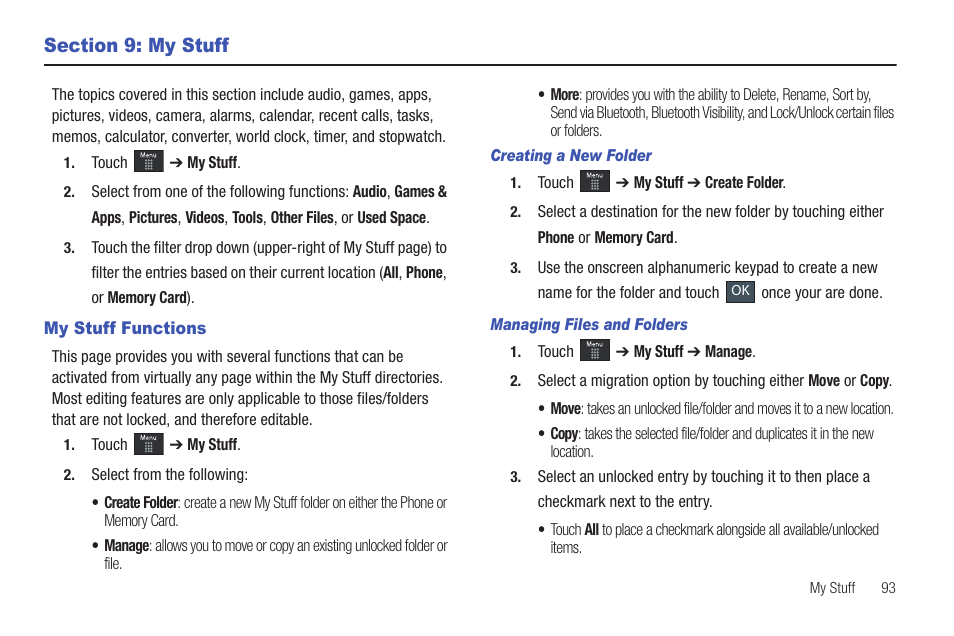 Section 9: my stuff, My stuff functions | Samsung GH46-00842A User Manual | Page 97 / 226