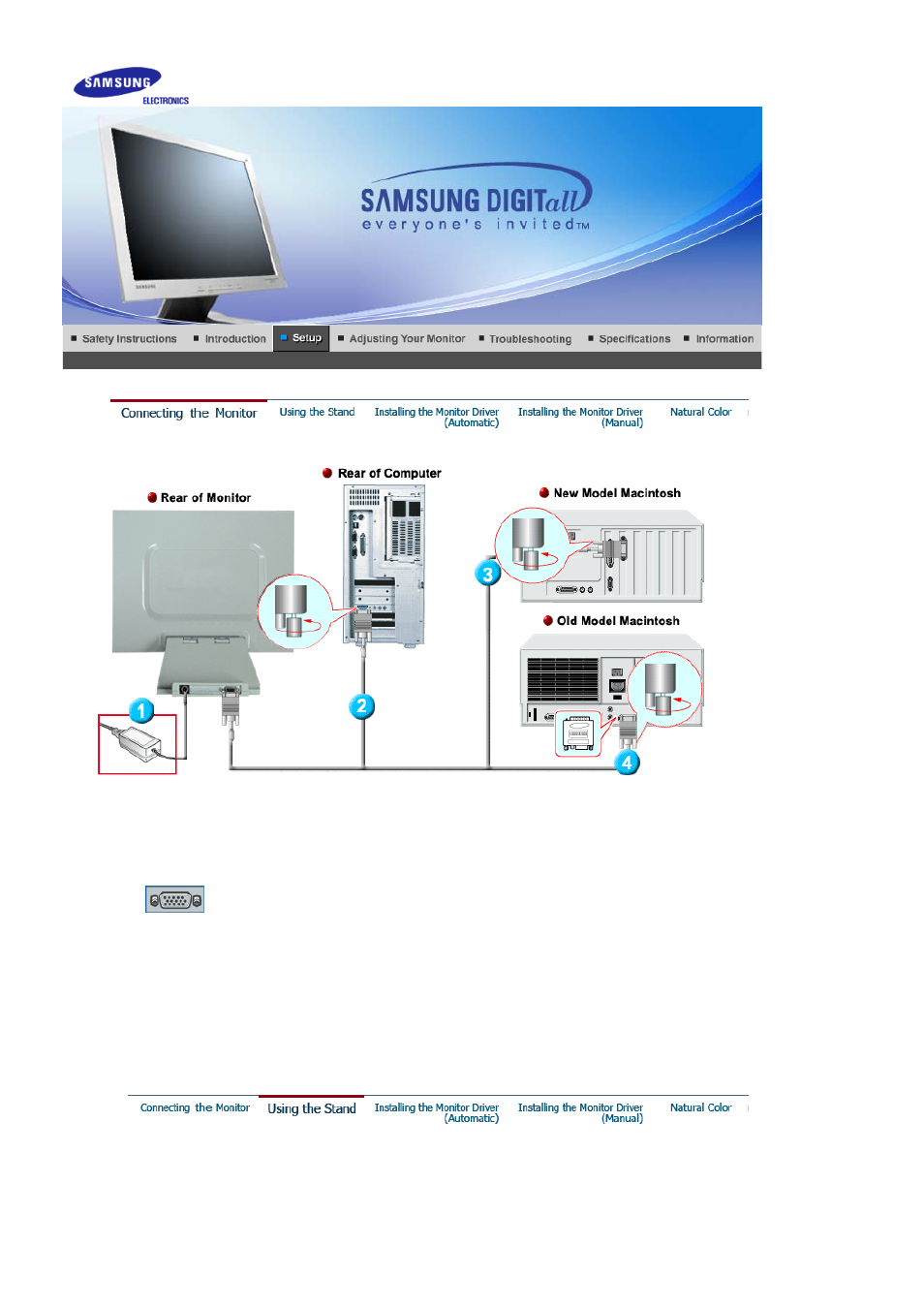 Setup, Connecting the monitor, Using the stand | Samsung 151X User Manual | Page 13 / 65