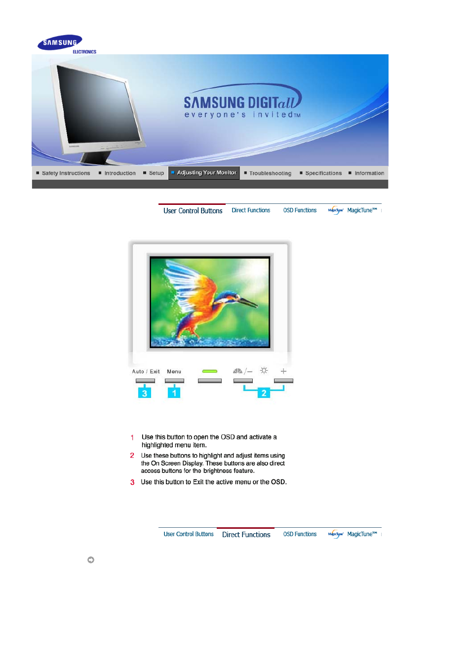 Adjusting your monitor, User control buttons, Direct functions | Samsung 151X User Manual | Page 21 / 65