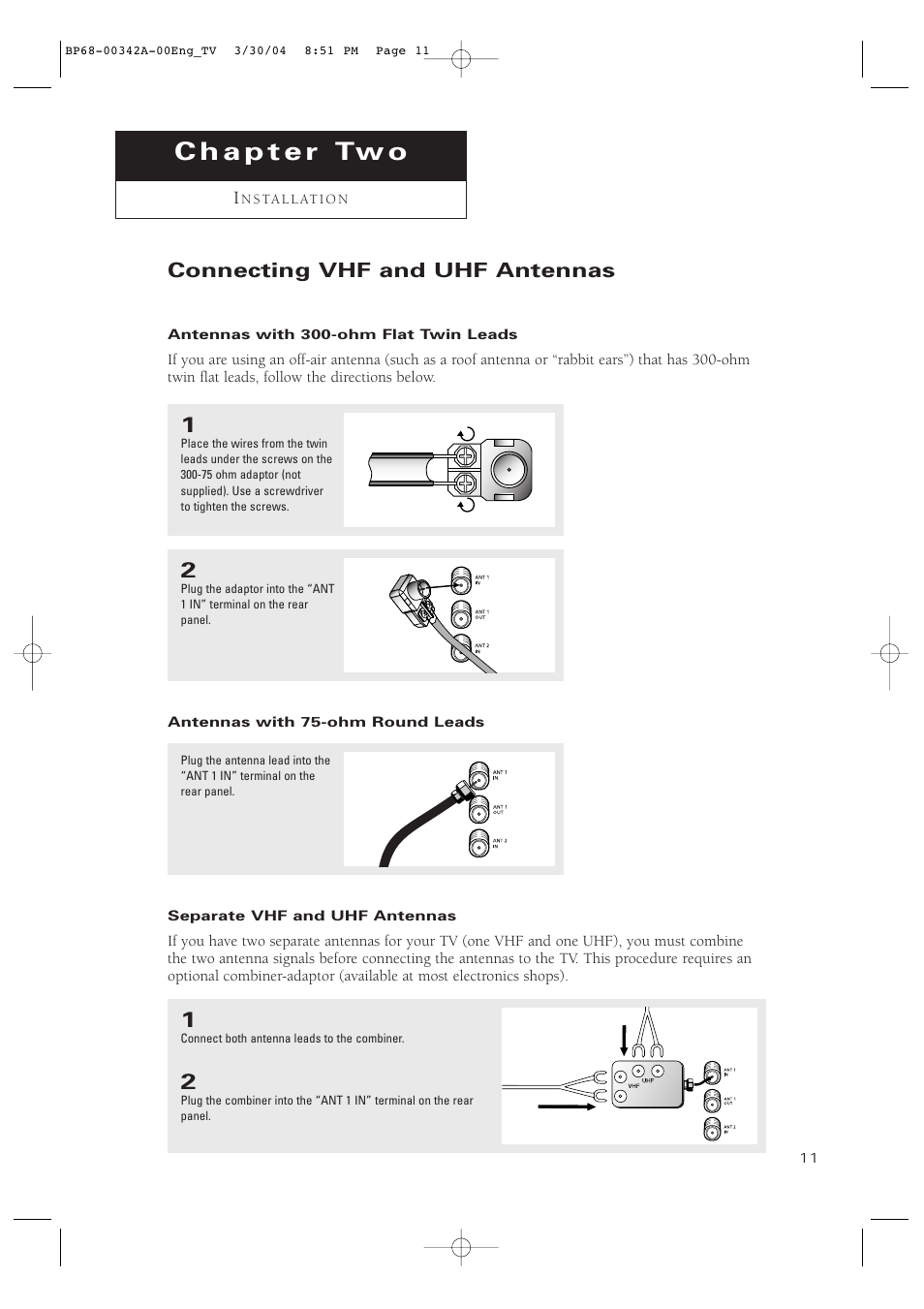 Chapter 2: installation, Connecting vhf and uhf antennas, Antennas with 300-ohm flat twin leads | Antennas with 75-ohm round leads, Separate vhf and uhf antennas | Samsung HC-P4363W User Manual | Page 11 / 92