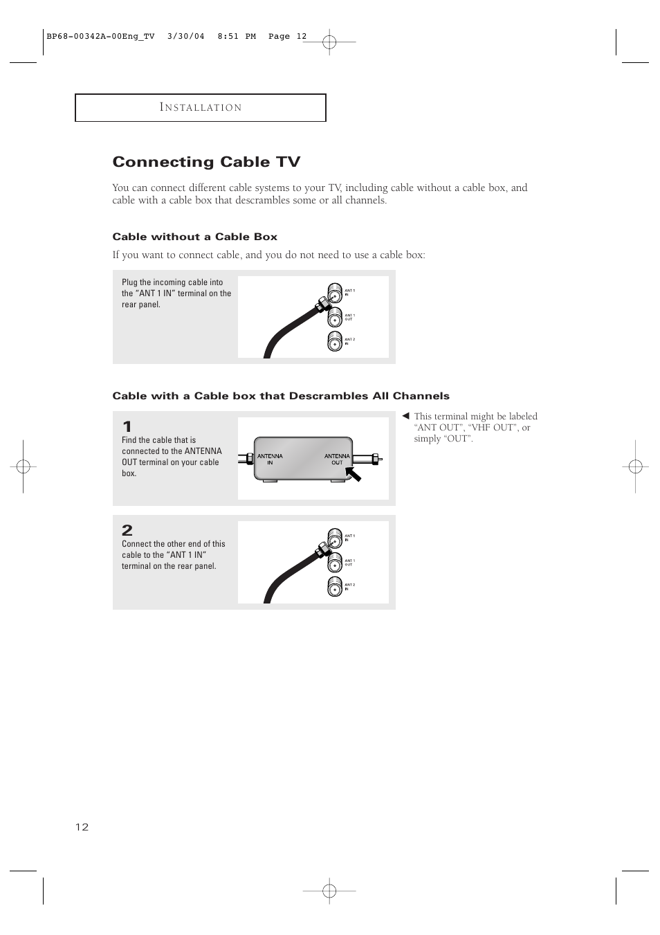 Connecting cable tv, Cable without a cable box | Samsung HC-P4363W User Manual | Page 12 / 92