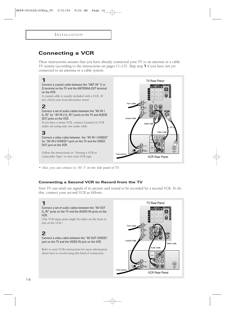 Connecting a vcr, Connecting a second vcr to record from the tv | Samsung HC-P4363W User Manual | Page 14 / 92