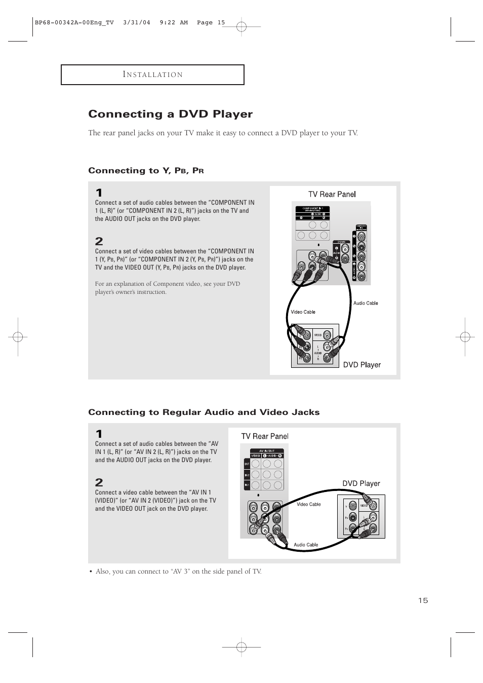 Connecting a dvd player, Connecting to y, pb, pr, Connecting to regular audio and video jacks | Samsung HC-P4363W User Manual | Page 15 / 92