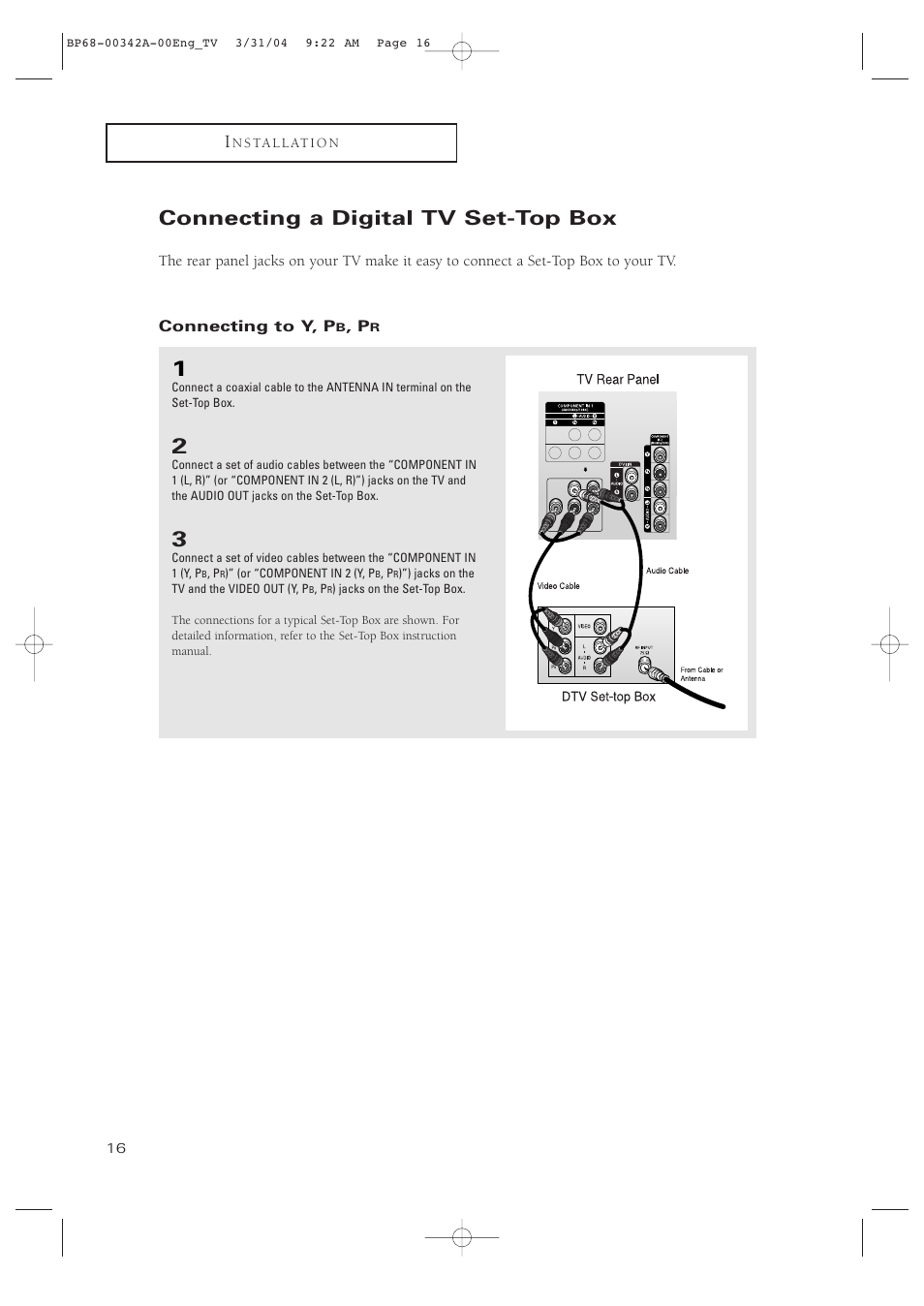 Connecting a digital tv set-top box, Connecting to y, pb, pr | Samsung HC-P4363W User Manual | Page 16 / 92