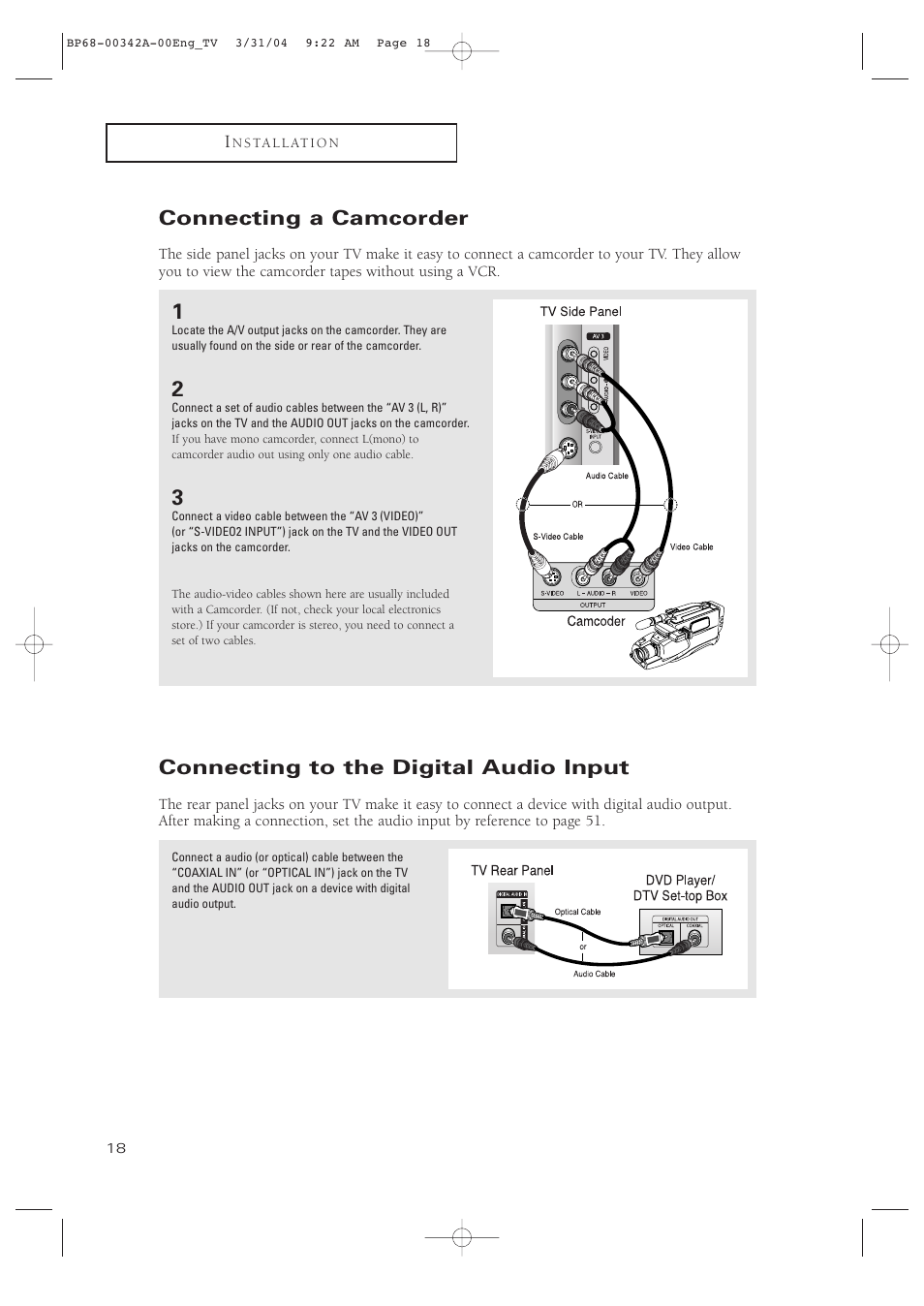 Connecting a camcorder, Connecting to the digital audio input | Samsung HC-P4363W User Manual | Page 18 / 92