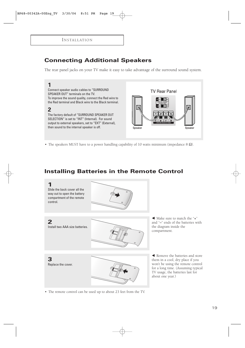 Connecting additional speakers, Installing batteries in the remote control | Samsung HC-P4363W User Manual | Page 19 / 92