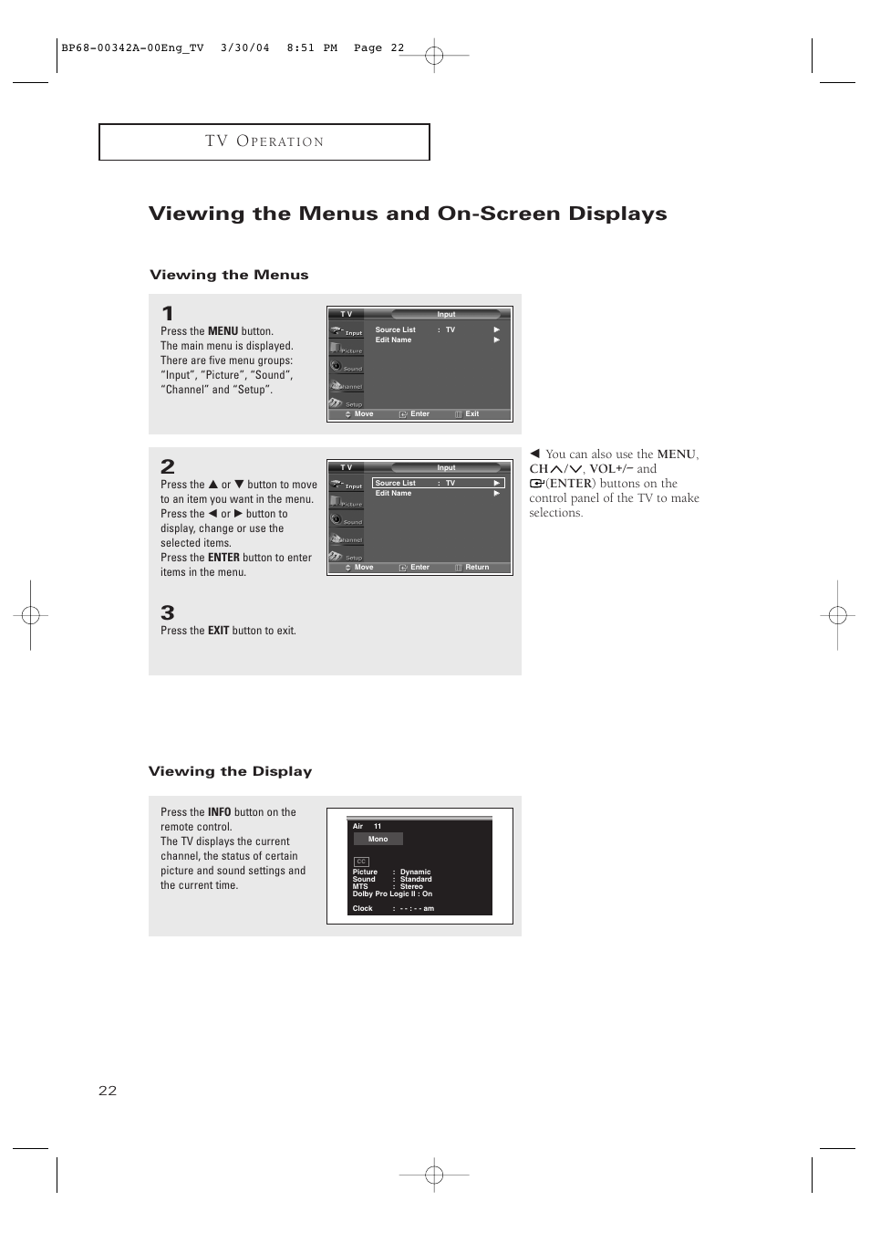 Viewing the menus and on-screen displays, Viewing the menus, Viewing the display | T v o | Samsung HC-P4363W User Manual | Page 22 / 92